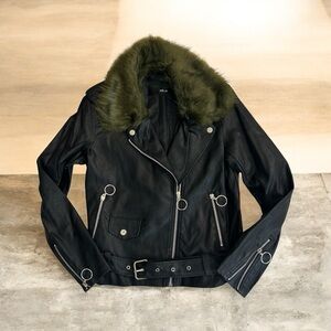 Stylish Black Faux Leather Jacket with Green Fur Collar.Moto Jacket